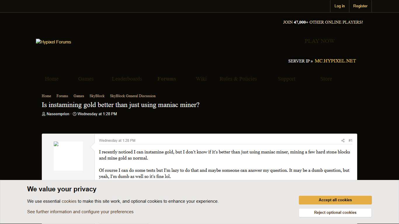 Is instamining gold better than just using maniac miner? Hypixel Forums
